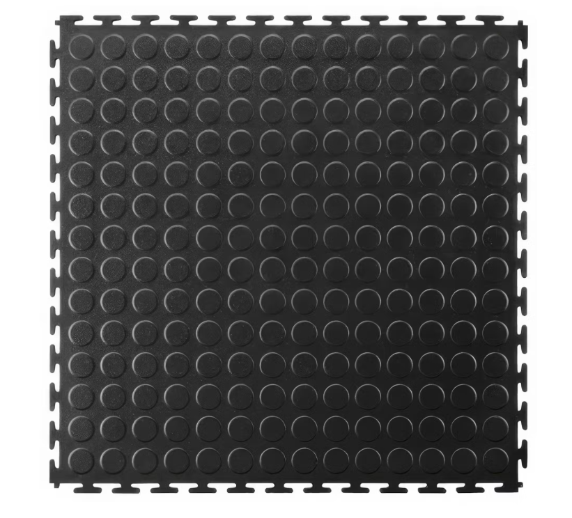 Black interlocking garage floor tile with raised circular texture